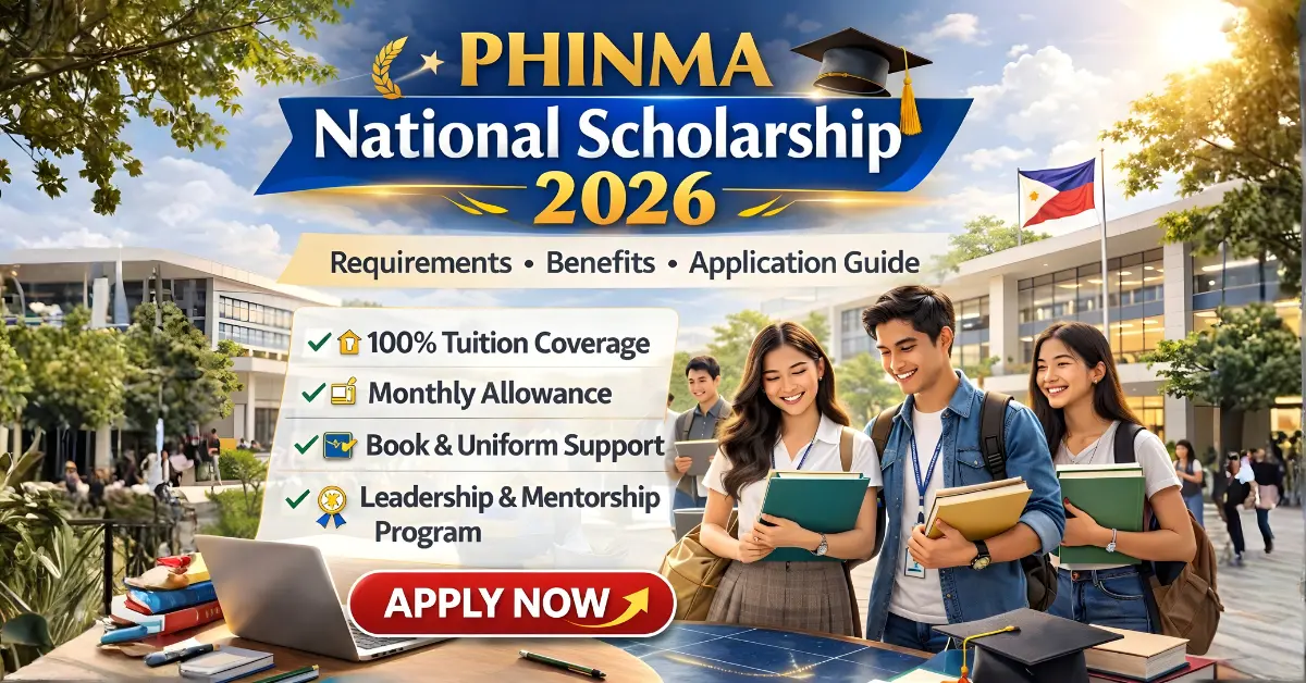 PHINMA National Scholarship 2026 poster showing students on campus with benefits like 100% tuition coverage, monthly allowance, and leadership programs.
